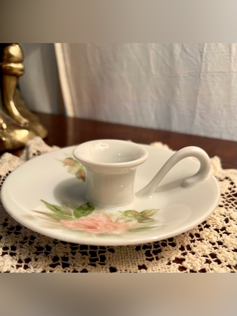 VTG Porcelain Chamberstick Candle Holder Rosebuds Hollywood Regency Victorian